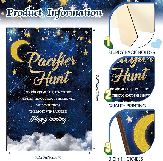 Thyle 51 Pcs Pacifier Hunt Baby Shower Games Include Hunt Sign and 50 Acrylic Pacifiers for Baby Shower Game Decoration Gift Sets Gender Reveal Party Decor(over the Moon)
