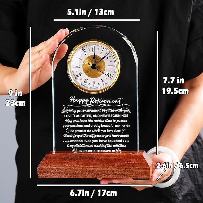Glass Retirement Clock With Wooden Light Base - Happy Retirement Plaque for Women Men Colleagues Boss Friend - Farewell Gift Idea for Her Going Away - Retired Keepsakes for Teacher Doctor