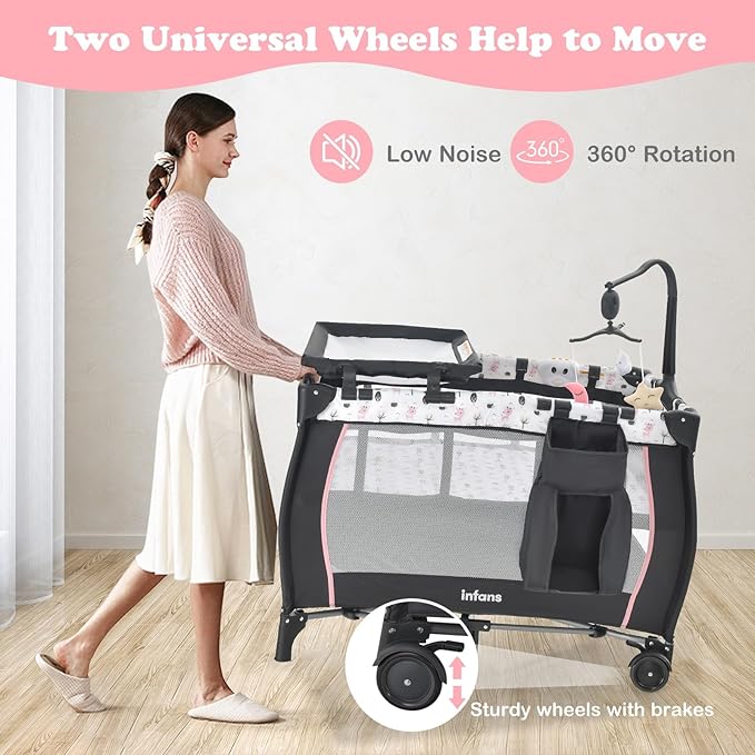 INFANS 3 in 1 Pack and Play, Portable Travel Baby Crib Bassinet with Detachable Mattress, Newborn Changing Table, Foldable Playpen with Carry Bag and 2 Wheels (Cartoon)