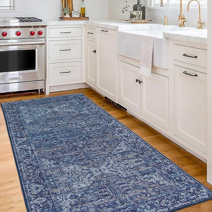 ReaLife Rugs Machine Washable Area Rug Runner - Living Room Bedroom Bathroom Kitchen Entryway Office - Padded Low Pile Stain Resistant Premium - Boho Vintage Traditional - Lyle - Blue 2'6" x 8'