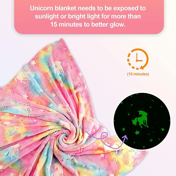 TEHALK Personalized Unicorn Blanket for Girls, Glow in The Dark, Kids Throw Blanket, 30"x40", Pink