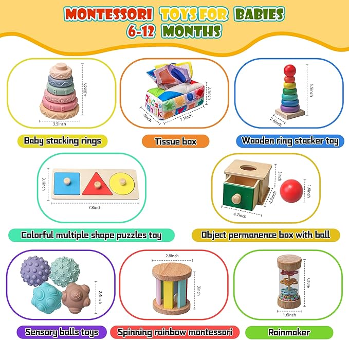 Montessori Toys for Babies 6-12 Months,1 Year Old,8 in 1 Learning Educational Set Wooden Sensory Toys for Baby Toys 12-18 Months (Includes Tissue Box Toy,Rainmaker and More)