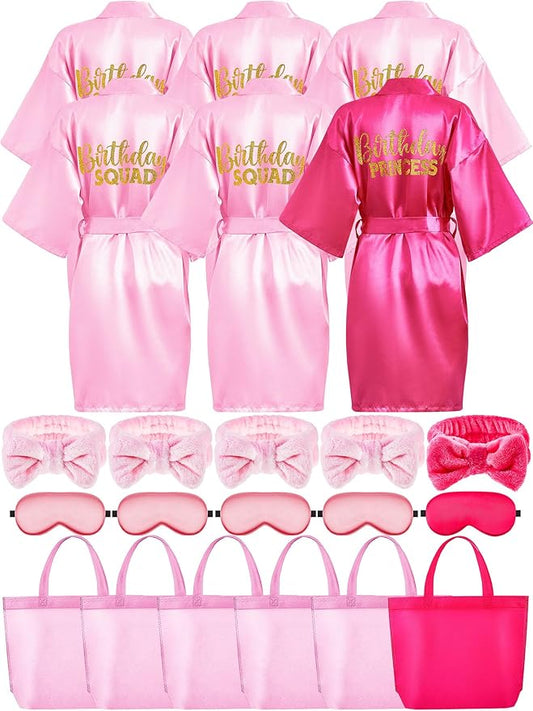 Sintuff 24 Pcs Kids Spa Party Supplies for Girls 6 Spa Party Robes 6 Tote Bags 6 Headbands 6 Eye Masks(Size 8,Rose Red Birthday)