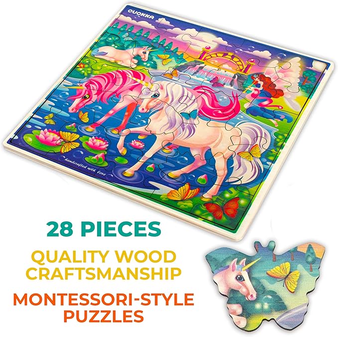 QUOKKA Wooden Unicorn Puzzles for Kids Ages 3-5 – 28 Pieces Toddlers Kids Puzzles Ages 4-8 Year Olds – Wood Unicorn Toys for Children Games 6-8 yo