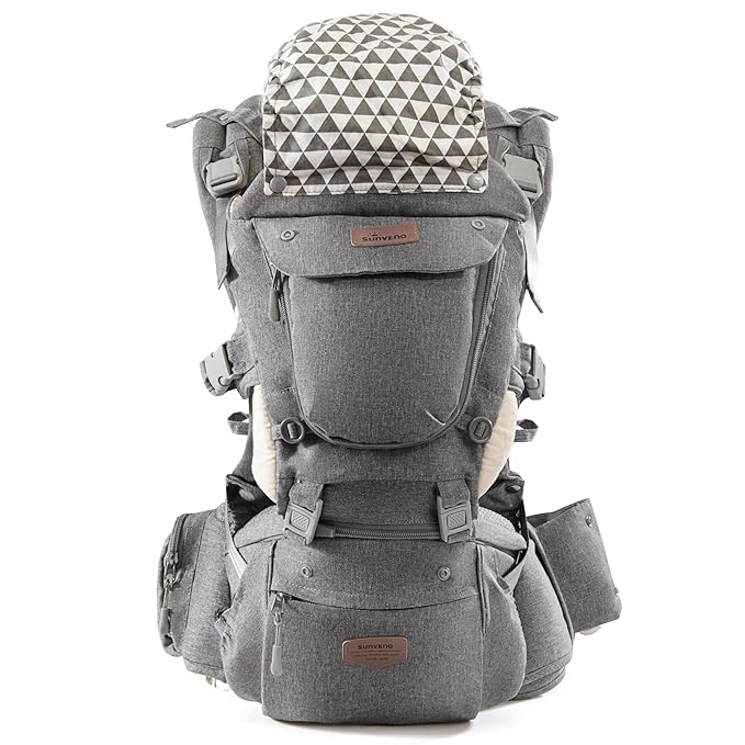 SUNVENO 3 in 1 Ergonomic Baby Carrier with Hip Seat for Newborns and Toddlers, Supports 20 lbs and Up, Waist and Back Relief with Large Weight Capacity for All Season Use, Grey