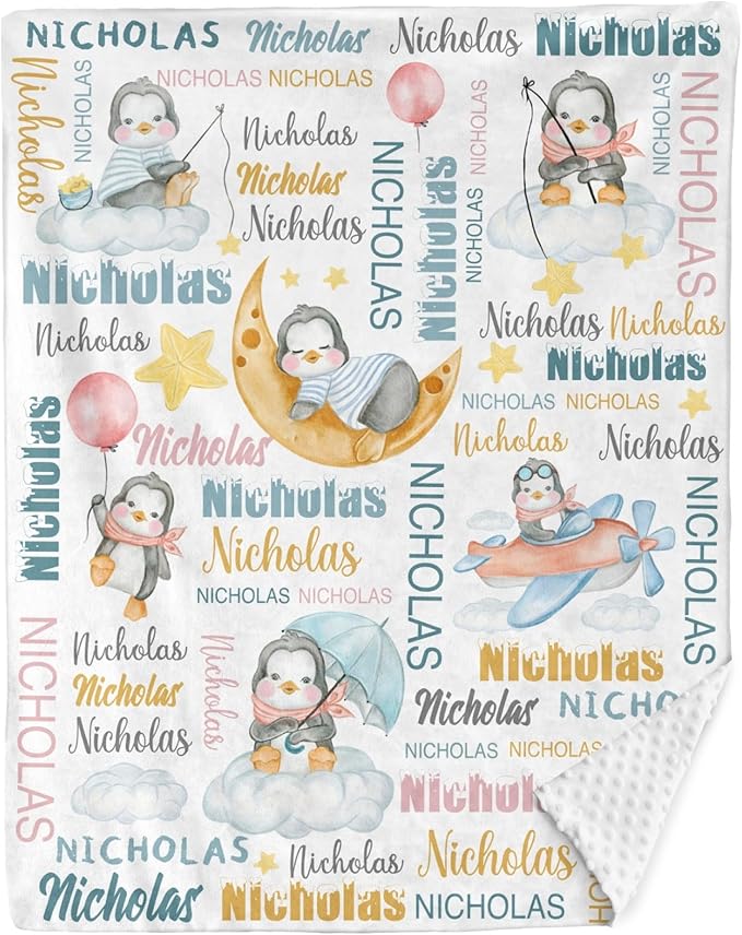 Personalized Baby Blanket for Girls Boys Penguin Custom Baby Blankets with Name Dotted Backing Customized Gifts for New Mom Customize Baby Blanket for Kids Newborn Birthday