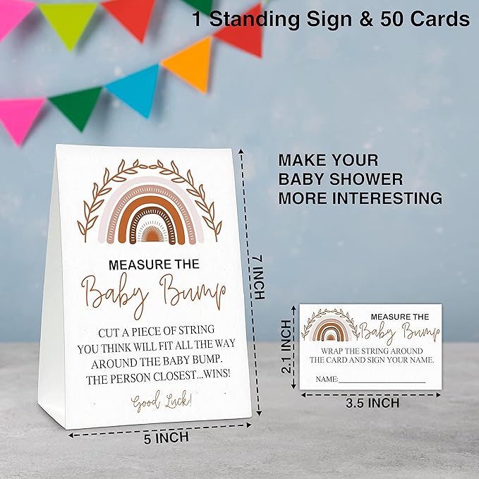 Measure the Baby Bump Baby Shower Game Set, 1 Standing Sign with 50 Guessing Cards, Boho Rainbow Gender Reveal Party Decorations Supplies - B46