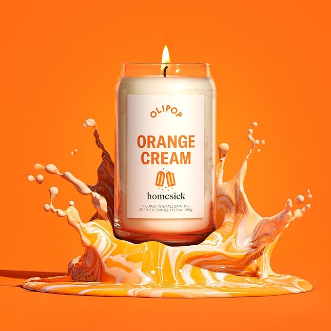 Homesick – Olipop Orange Cream Scented Candle – Premium 13.75 oz Soy Wax Candle in Glass Jar with Cotton Wick, 60–80 Hour Burn, Nostalgic Citrus Vanilla Scent, Wedding & Engagement Gifts for Couples