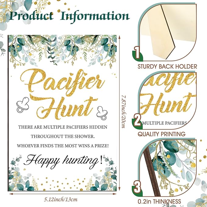 Thyle 51 Pcs Pacifier Hunt Baby Shower Games Include Hunt Sign and 50 Acrylic Pacifiers for Baby Shower Game Decoration Gift Sets Gender Reveal Party Decor(Greenery)