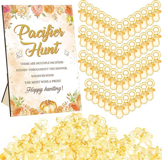 Thyle 51 Pcs Pacifier Hunt Baby Shower Games Include Hunt Sign and 50 Acrylic Pacifiers for Baby Shower Game Decoration Gift Sets Gender Reveal Party Decor (Watercolor Pumpkin)