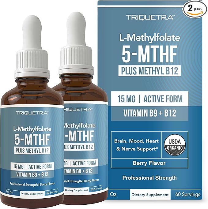 L Methyl Folate 15mg Plus Methyl B12 Cofactor – Organic, Berry Flavor, Professional Strength, Liquid Sublingual, Active 5-MTHF Form - Supports Mood, Homocysteine Methylation, Cognition (1oz -2 Pack)