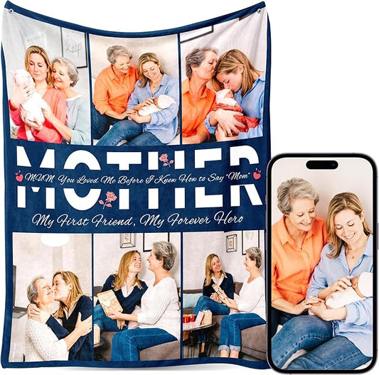 Personalized Mothers Day Birthday for Mom Custom Throw Blanket with Pictures, Customized Photo Blankets Gift for Mom Women Grandma Wife from Daughter Son Kids Husband(6 Mother)