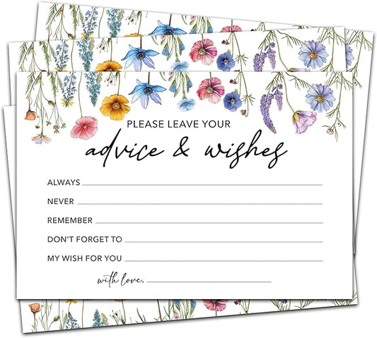 Advice And Wishes Cards (25pcs), Wildflowers Advice Cards For Mr And Mrs, Bride And Groom, New Parents, Bridal Shower, Baby Shower, Engagement, Wedding, Bachelorette Party Games Decor -A05