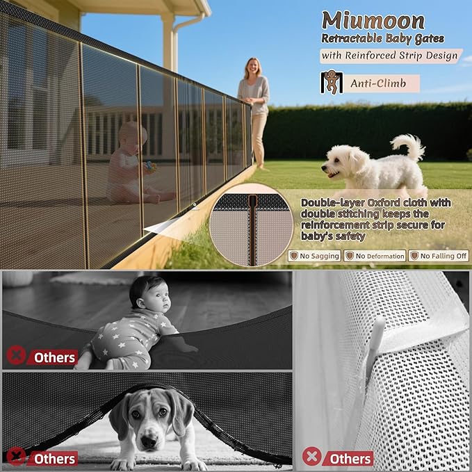 Upgraded 150 inch Retractable Baby Gates Extra Wide with Reinforced Strip Design to Prevent Crawling Through, 34" Tall, 12 FT Wide Retractable Dog Gate, Retractable Gate for Indoor/Outdoor