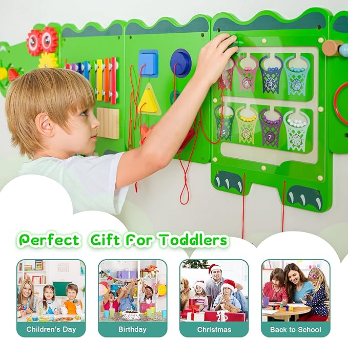 Crocodile Sensory Toys Activity Wall Panels, Educational Montessori Busy Board for Toddlers, Activity Cube - Sensory Wall, Wooden Learning Toys, Interactive Toy-Green