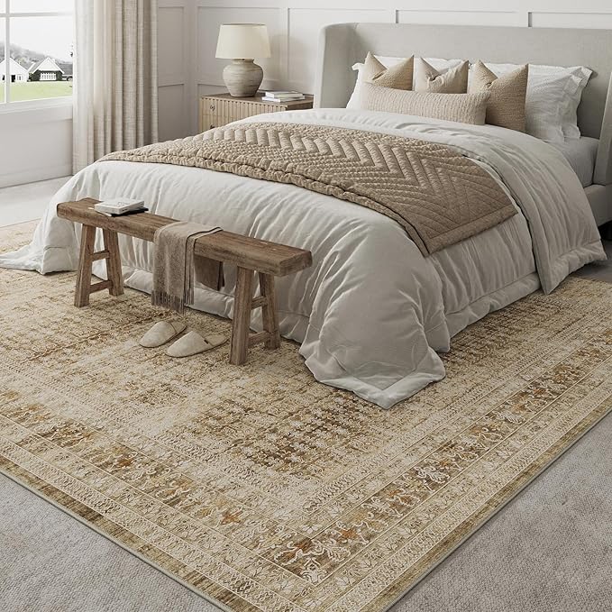 Brown 8x10 Area Rug for Living Room Washable Vintage Distressed Large Carpet Bedroom Low Pile Non Slip Indoor Soft Retro Throw Accent Rug Office Kitchen Bathroom Dining Room