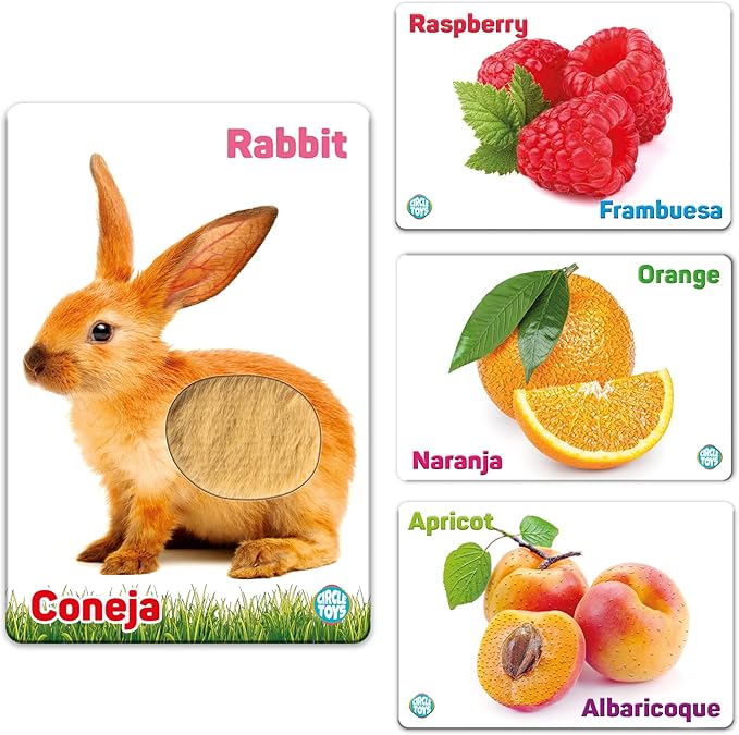 My Touch and Feel English Spanish Bilingual Picture Double Sided Sensory Flash Cards for Infant, Toddlers, Kids, Learn Animals, Fruits, and Vehicles, Fun Learning and Educational Flashcards