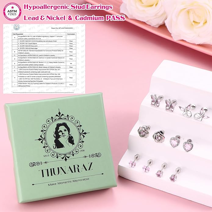 THUNARAZ Hypoallergenic Screw Back Earrings for Girls Women Surgical Stainless Steel Stud Earrings for Sensitive Ears Cute Butterfly Flower Heart CZ Screwback Earring Kid Toddler Girls Jewelry Gift
