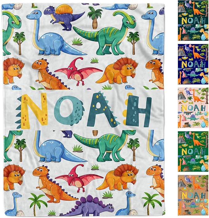 Personalized Dinosaur Baby Blanket with Name, Custom Easter Blanket for Boys, Girls & Kids, Soft Newborn