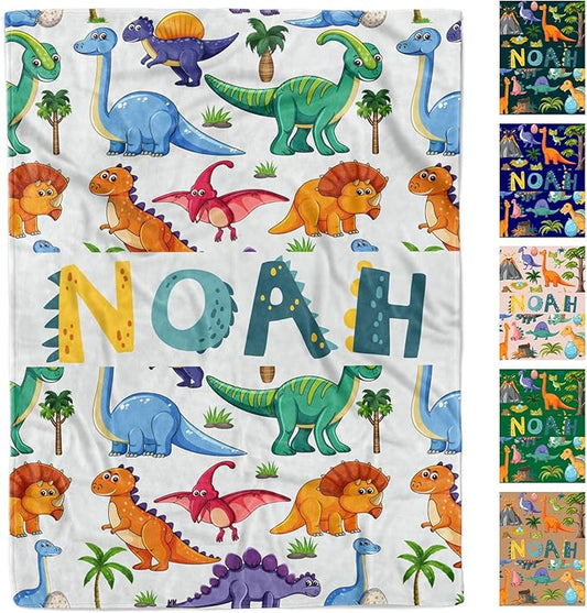 Personalized Dinosaur Baby Blanket with Name, Custom Easter Blanket for Boys, Girls & Kids, Soft Newborn