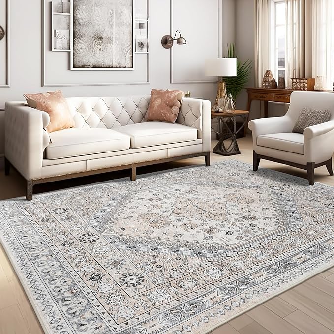 zesthome 6x9 Area Rug, Super Soft Washable Rugs for Living Room, Non-Slip Stain Resistant Vintage Rugs, Ultra-Thin Large Area Rugs (Beige,6'x9')