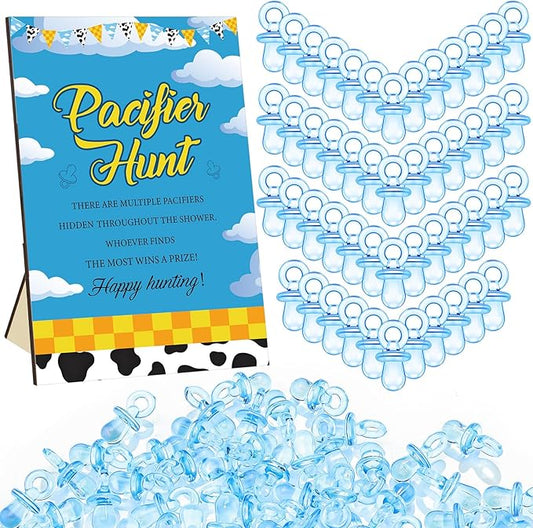 Thyle 51 Pcs Pacifier Hunt Baby Shower Games Include Hunt Sign and 50 Acrylic Pacifiers for Baby Shower Game Decoration Gift Sets Gender Reveal Party Decor(Blue Sky)