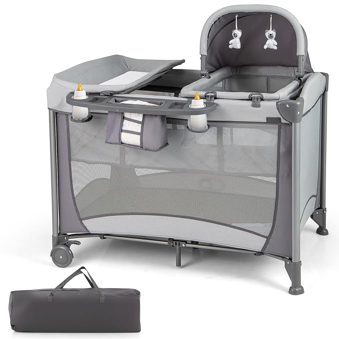 HONEY JOY Pack and Play with Bassinet, 5 in 1 Portable Baby Playard w/Changing Table, Removable Infant Full-Size Bassinet & Mattress, Diaper Storage Bag, Foldable Newborn Nursery Center w/Carry Bag
