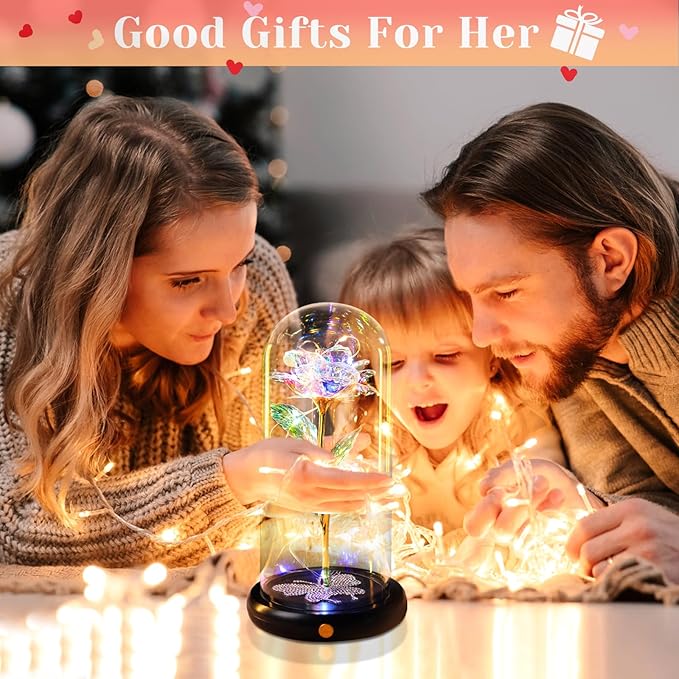 DEEMEI Birthday Gift for Women Gold Rose Eternal Flower USB Light Up Rose in Glass Dome Anniversary Flowers for Delivery Prime Mothers Day Presents Flowers Gifts for Her Grandma Girlfriend Wife