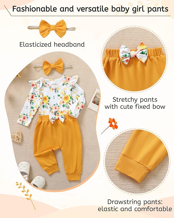 YALLET Baby Girl Clothes Newborn Infant Girl Outfits Floral Romper+Pants+Headband Fall Baby Layettes for Clothing 0-18 Months