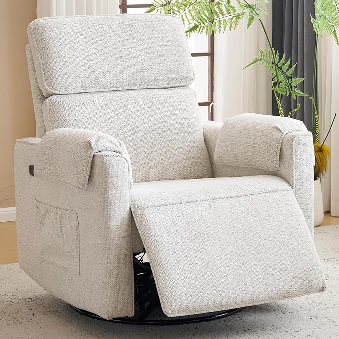 Oversized Power Recliner Chair Swivel Glider with Adjustable Headrest, Swivel Rocking Recliner Chair for Adults, 26" Extra Wide Glider Nursery Chair with Overstuffed Armrest, USB Ports, White