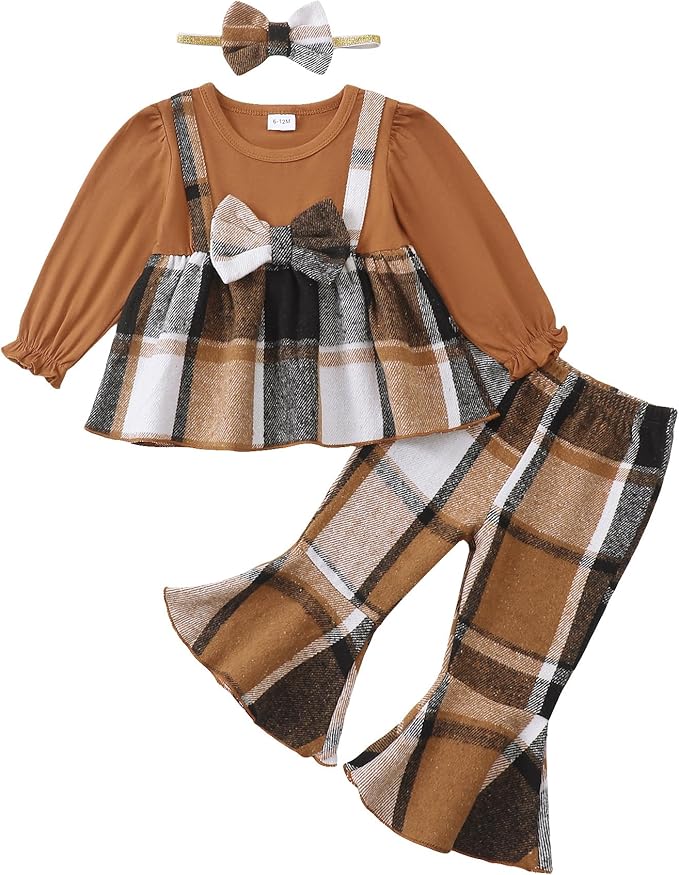 Kucnuzki Toddler Baby Girl Clothes Outfit Long Sleeve Plaid T Shirt Top Flare Leggings Pants 2 Piece Outfit Kids Clothes