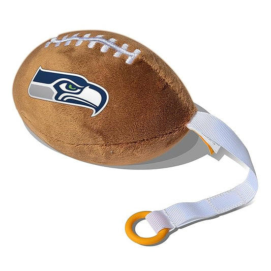 Seattle Seahawks Plush Football Pacifier Holder by Smilo - Officially Licensed NFL Soother Holder - Soft Plush Toy and Dummy Holder - Fits Any Pacifier - Stroller Accessory & Newborn Essential