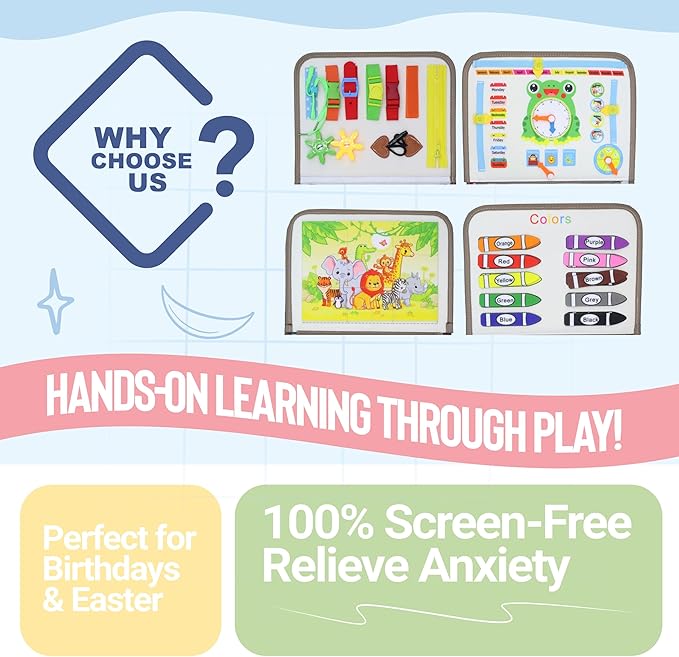 Thinker PLORA Toddler Busy Board – Montessori Toys for 1-4 Year Old Boys and Girls, Sensory Educational Activities for Learning Fine Motor Skills, Travel Toy for Car and Airplane