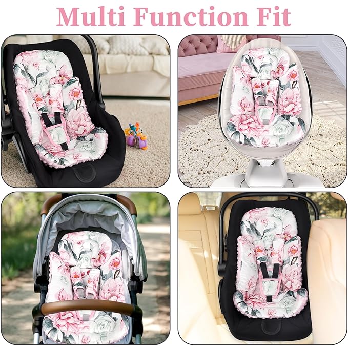 Pea Pod Infant Car Seat Insert with 3 Strap Covers, 3 in 1 Reversible Flower Baby Car Seat Head Support for Newborn, 3D Soft Minky Carseat Cushion for Preemie to Infant, Stroller, Swing, Bouncer