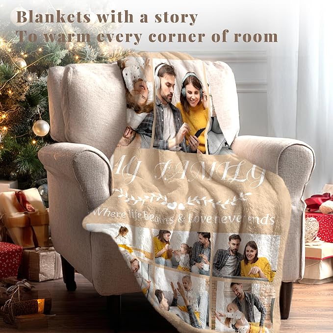 Custom Personalized 9 Photo Collage Blanket Thow Gifts with Text, Customized Pictures Blankets Gift for Christmas Birthday Thanksgiving Adults Kids Dad Mom Girlfriend Boyfriend (9 Family)