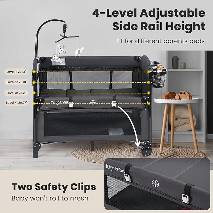 Baby Bassinets Bedside Sleeper, 4 in 1 Portable Bedside Crib w/Mattress, Diaper Changer, Storage Basket, Music Box, Carry Bag, Foldable Playard Sleeper for Newborn (Black)