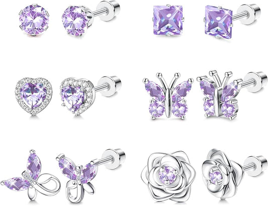 THUNARAZ Hypoallergenic Screw Back Earrings for Girls Women Surgical Stainless Steel Stud Earrings for Sensitive Ears Cute Butterfly Flower Heart CZ Screwback Earring Kid Toddler Girls Jewelry Gift