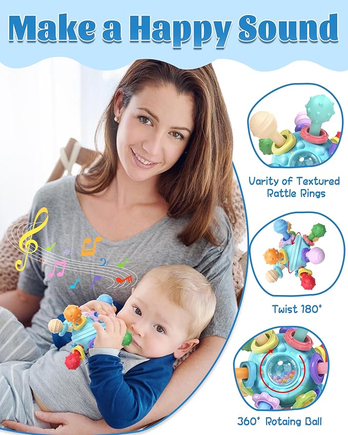 Baby Teething Toys for Babies Infant, Tummy Time Montessori Toys for Babies, Newborn Infant Sensory Toys, Baby Shower Gifts for Boys Girls - Blue