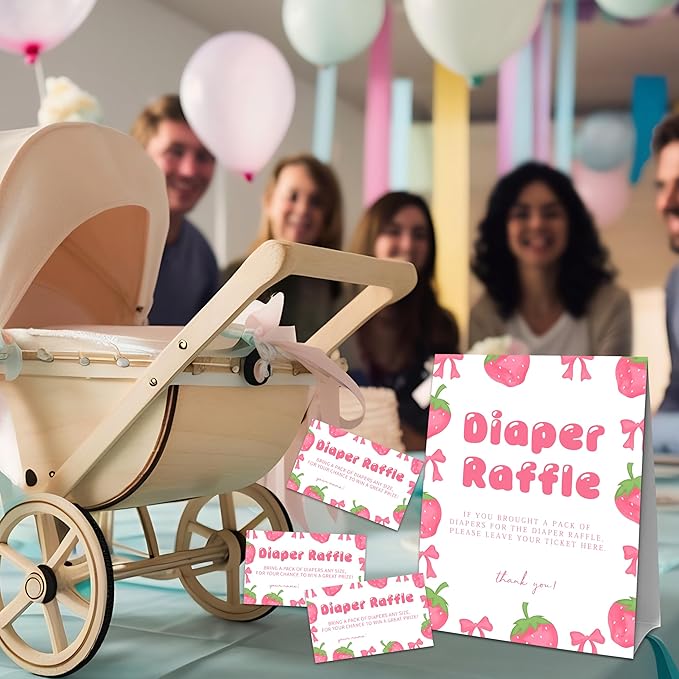 Pink Strawberry Diaper Raffle Set For Baby Shower - 50 Raffle Tickets With 1 Standing Sign - Baby Announcement, Gender Reveal Baby Shower Party Decoration Game Set - A09