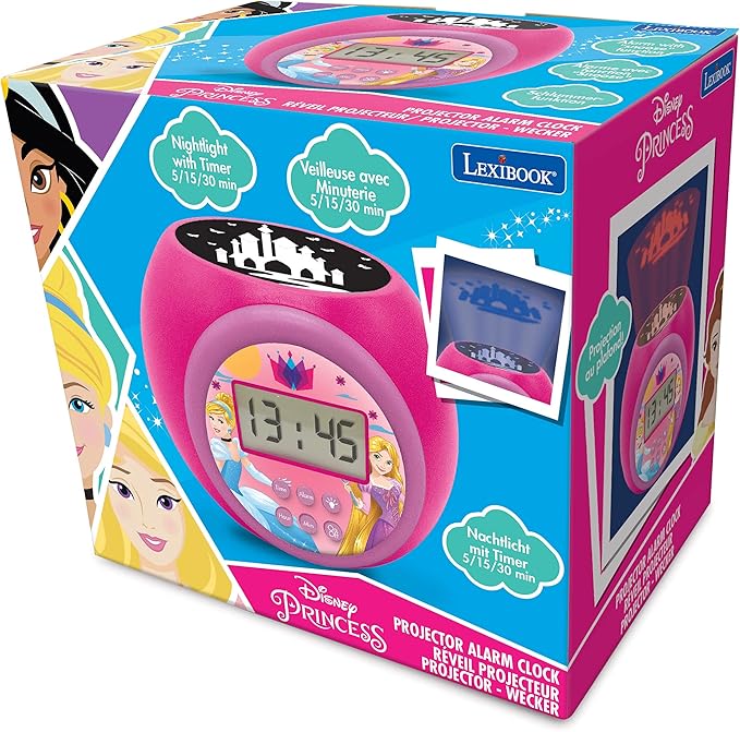 LEXIBOOK Projector Clock Disney Princess with Snooze Alarm Function, Night Light with Timer, LCD Screen, Battery Operated, Pink