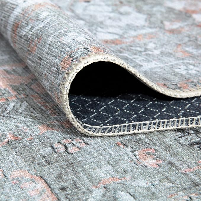 Bloom Rugs Washable Non-Slip 7 ft Runner - Gray/Coral Pink Traditional Runner for Entryway, Hallway, Bathroom, and Kitchen - Exact Size: 2.5' x 7'