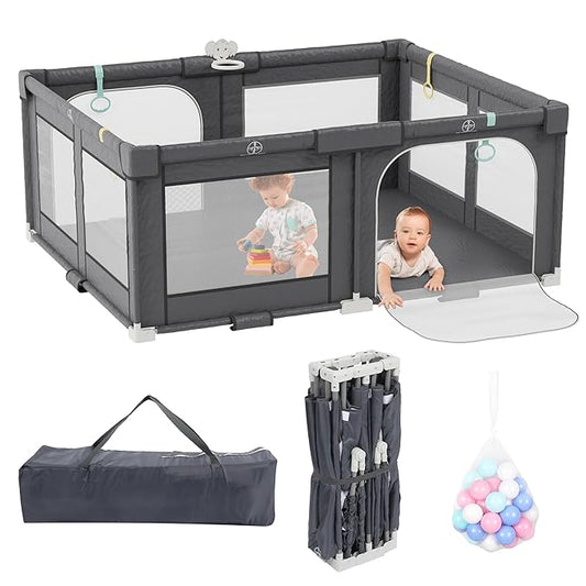 Xilingol 72" X 59" Foldable Playpen, Potable Baby Play Yard with Carry Bag, Baby Gate Playpen with Anti-Slip Suckers & Zipper Gates, Baby Fence Play Area with 4 Handlers & 50 Ocean Balls(Grey)