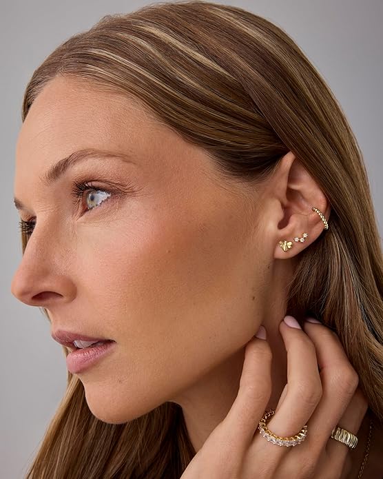 PAVOI 14K Gold Plated Dainty Flat Back Earrings for Women - Hypoallergenic Sterling Silver Posts Helix Cartilage Piercing Jewelry - Emoji Motif Bow Celestial Flatback Gold Stud Earrings Screw Back