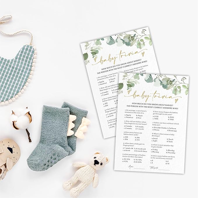 Baby Trivia - Baby Shower Game Cards - Golden Greenery - 30 Double-Sided Fill In Style Game Cards With Answer Card, Gender Reveal, Baby Announcement, Party Games & Activity - D13
