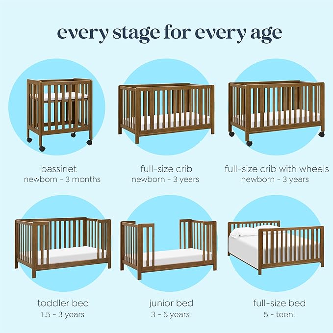 Carter's by DaVinci Colby Grow 6-in-1 Convertible Crib - Converts to Portable Bassinet, Full-Size Baby Crib w/Removable Wheels, Toddler Bed, Junior, Full-Size Bed - GREENGUARD Gold Certified - Walnut