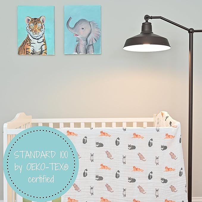 LollyBanks Swaddle Blanket for Boys and Girls, 100% Cotton Muslin Swaddle Blankets for Newborn Baby, Large 47 x 47 Inches Soft and Breathable Receiving Blanket, Baby Essentials, Registry (Cat Print)