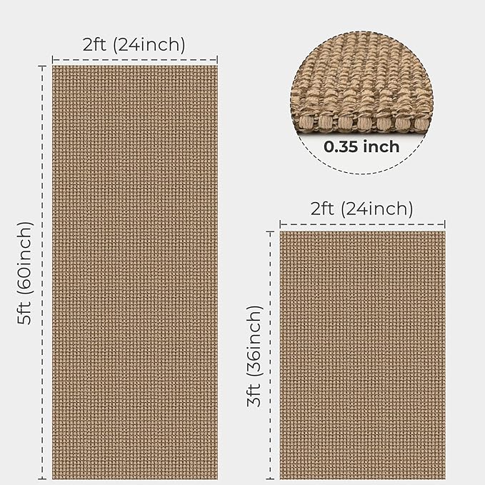 KOZYFLY Area Rug Runner Sets of 2 Pcs 2x3 and 2x5 Washable Kitchen Rugs Non Slip Rubber Backed Hallway Rug Woven Cotton Entrance Rugs for Front Porch Bathroom Kitchen Bedroom, Tan/Orange/Brown
