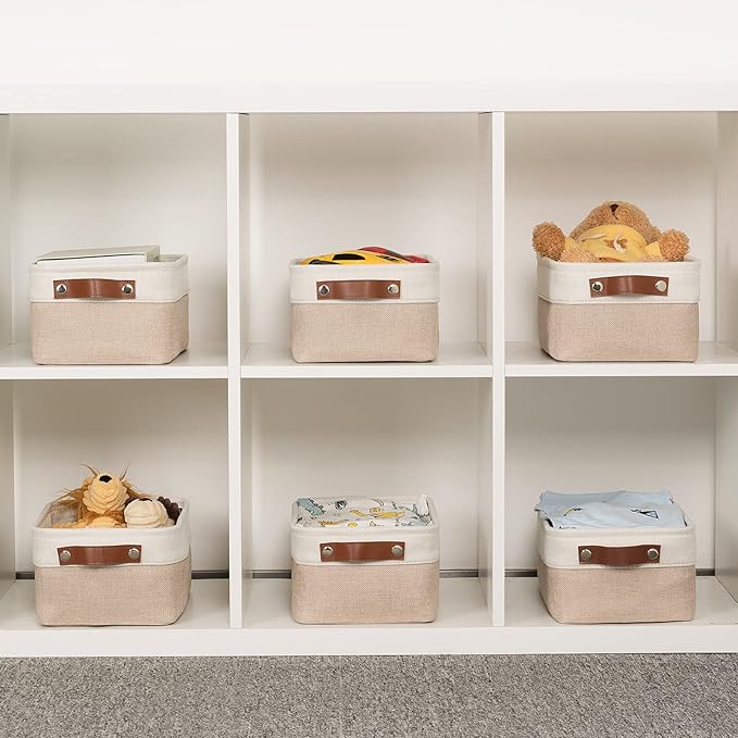 HNZIGE Small Fabric Baskets for Organizing(6 pack) Collapsible Storage Baskets for Shelves, Closets, Laundry, Nursery, Decorative Baskets for Gifts Empty (White&Khaki, 11.8" x 7.8" x 5.1")