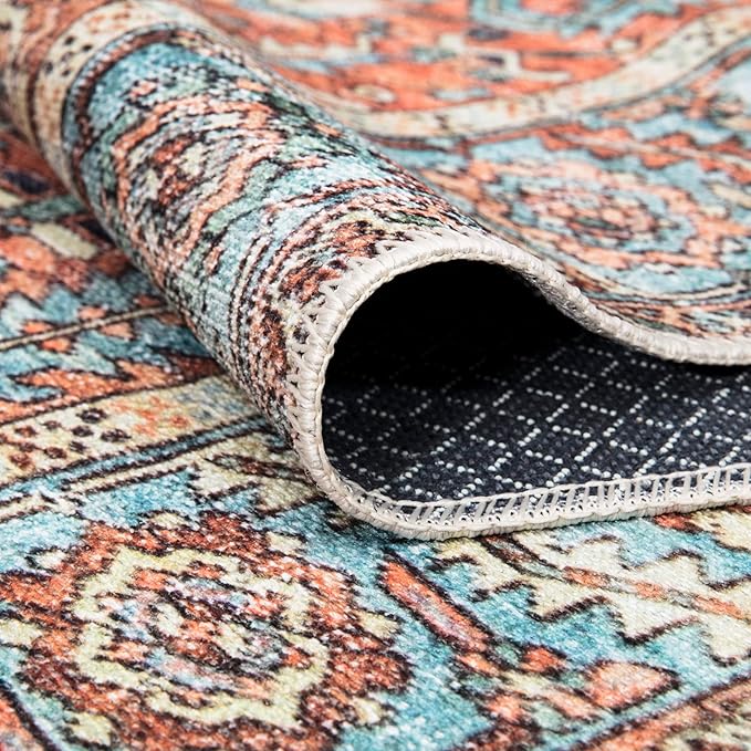 Bloom Rugs Washable Non-Slip 7 ft Runner - Orange/Blue Traditional Runner for Entryway, Hallway, Bathroom, and Kitchen - Exact Size: 2.5' x 7'