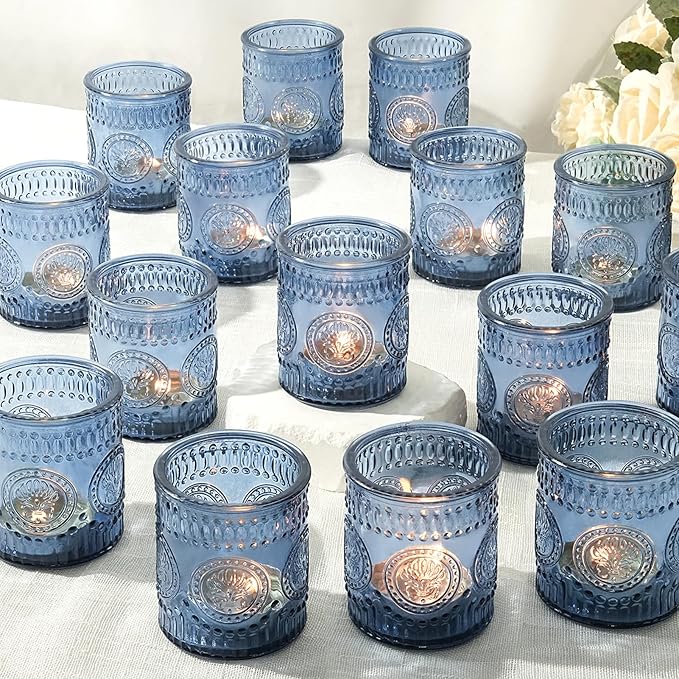 30pcs Votive Candle Holders, 2x2.5inch Blue Glass Tea Light Candle Holder Butterfly Pattern Votives for Wedding, Baby Shower, Party Decor